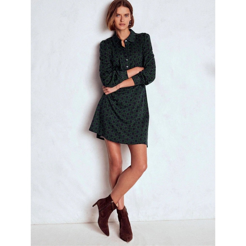 Boden Orla Preppy Short Jersey Shirt Dress Dark Green Geometric Square US 8P